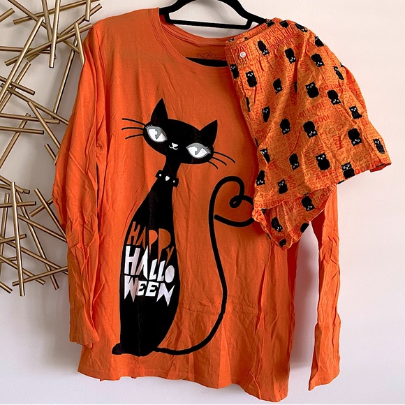 Old Navy Other - Old Navy Halloween Black Cat & Black Owl Long Sleeve Shirt + Short Pajama Set XL